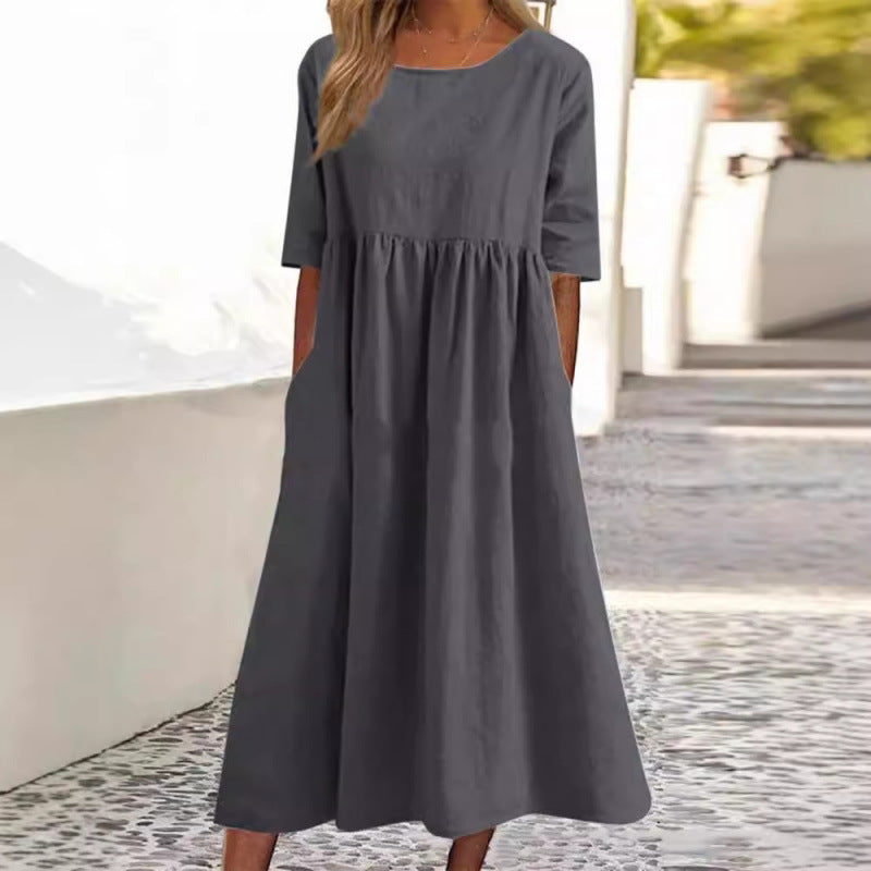 Saoirse | Womens Round Neck Cotton Linen Loose Midi Wedding Guest Summer Dresses - 3