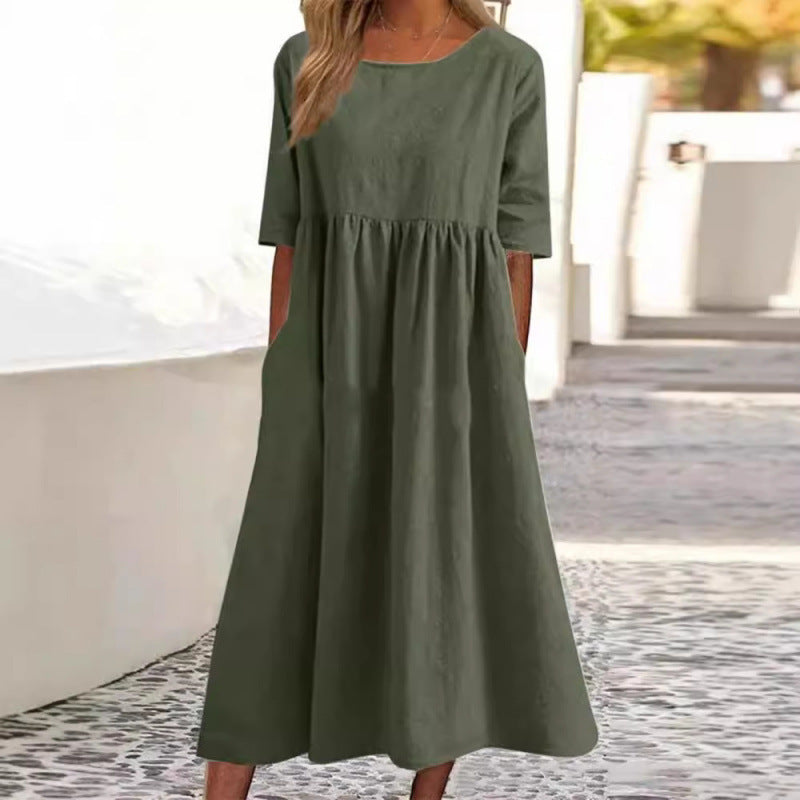 Saoirse | Womens Round Neck Cotton Linen Loose Midi Wedding Guest Summer Dresses - 4