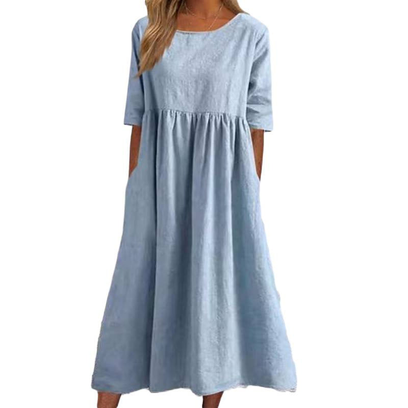 Saoirse | Womens Round Neck Cotton Linen Loose Midi Wedding Guest Summer Dresses - 5