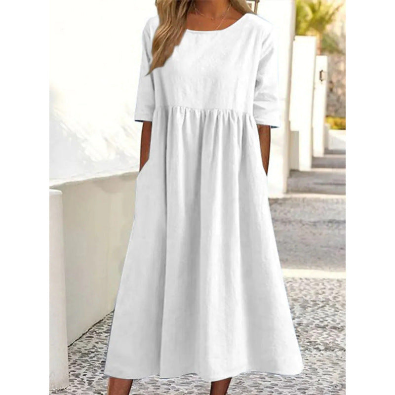 Saoirse | Womens Round Neck Cotton Linen Loose Midi Wedding Guest Summer Dresses - 6