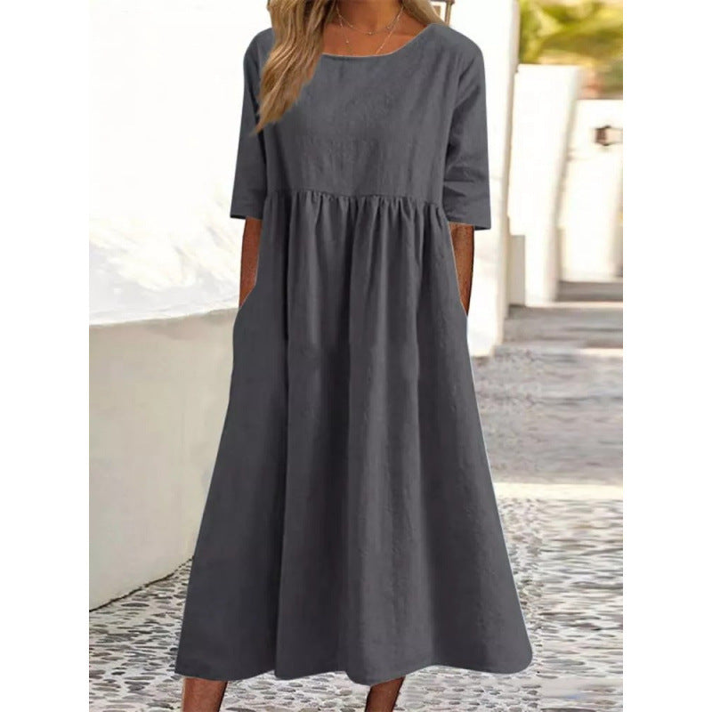 Saoirse | Womens Round Neck Cotton Linen Loose Midi Wedding Guest Summer Dresses - 7