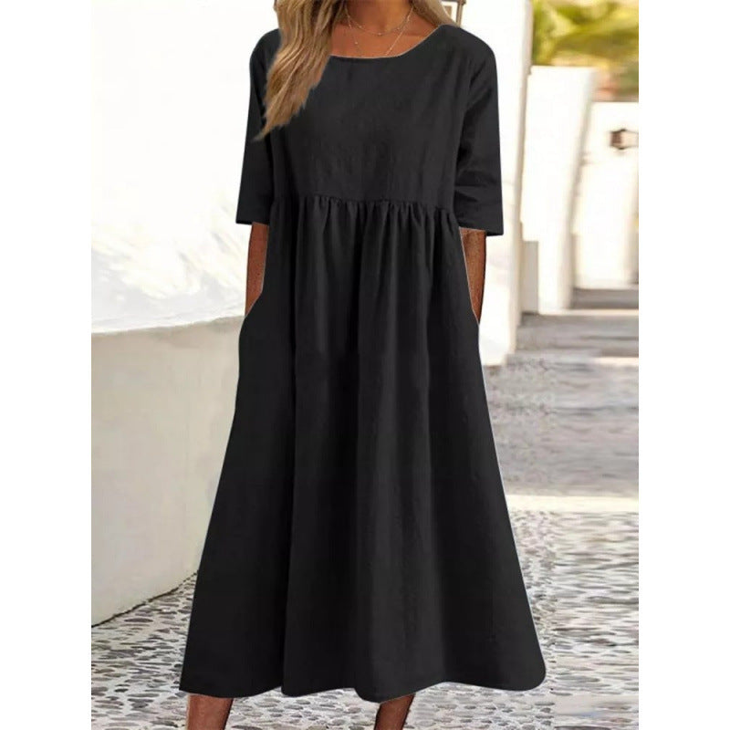 Saoirse | Womens Round Neck Cotton Linen Loose Midi Wedding Guest Summer Dresses - 8