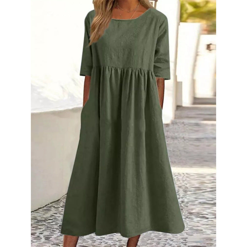 Saoirse | Womens Round Neck Cotton Linen Loose Midi Wedding Guest Summer Dresses - 9