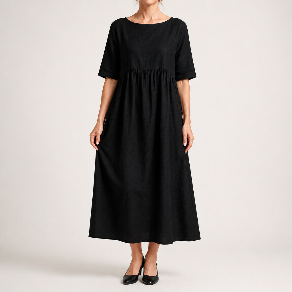 Saoirse | Womens Wedding Guest Summer Midi Cotton Linen Round Neck Dresses, Black