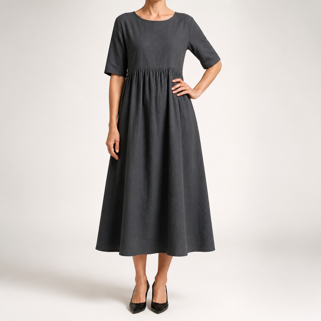 Saoirse | Womens Wedding Guest Summer Midi Cotton Linen Round Neck Dresses, Dark Grey