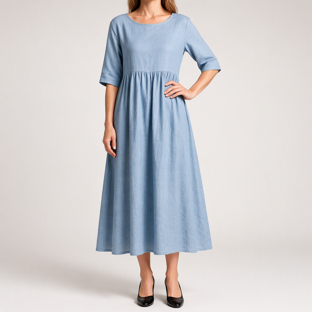 Saoirse | Womens Wedding Guest Summer Midi Cotton Linen Round Neck Dresses, Light Blue