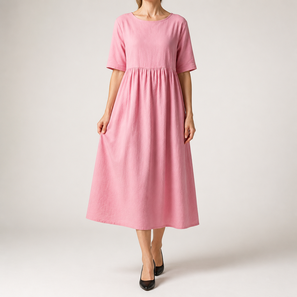 Saoirse | Womens Wedding Guest Summer Midi Cotton Linen Round Neck Dresses, Pink