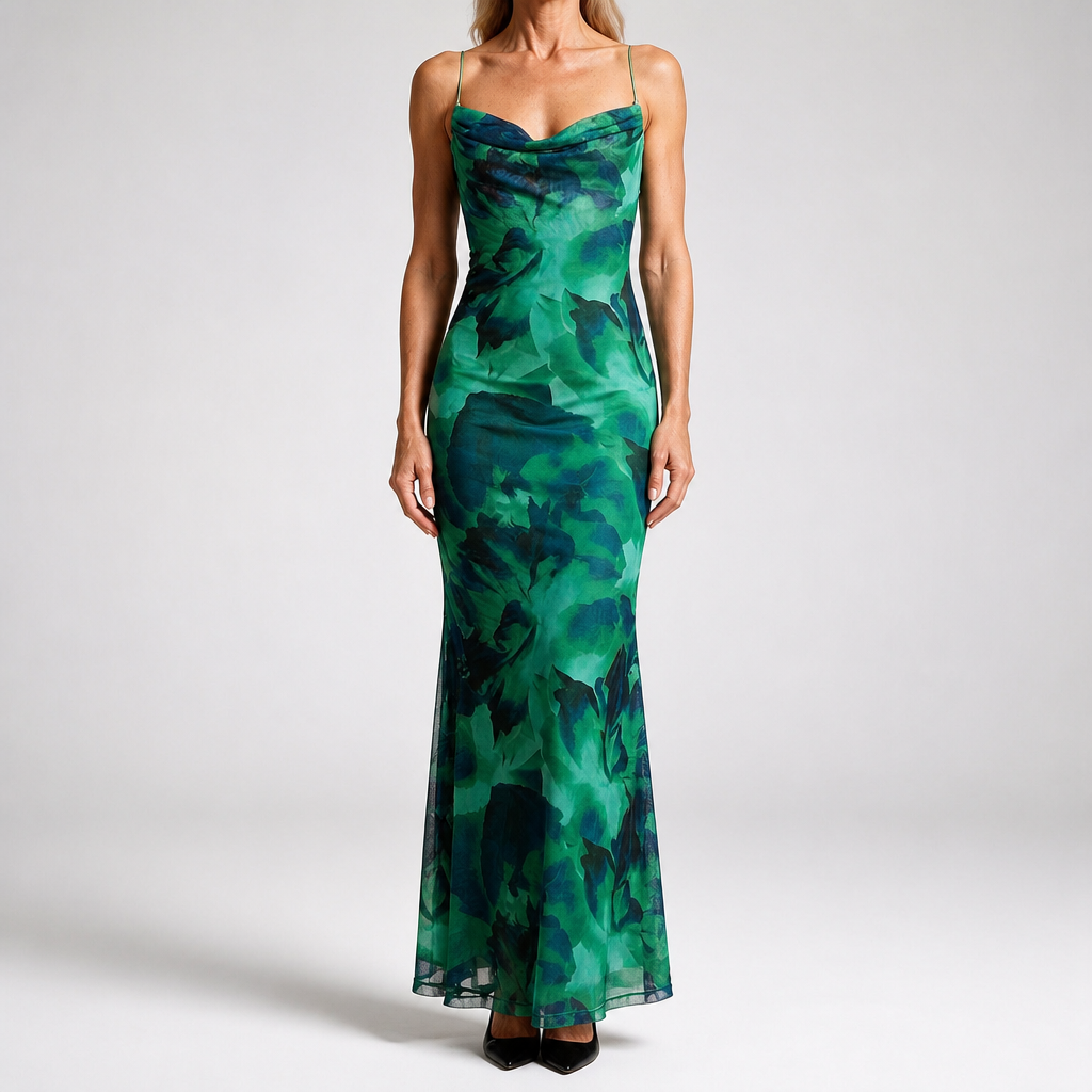 Saskia | Womens Floral Print Strappy Sleeveless Summer Slip Wedding Guest Dresses, Emerald Green