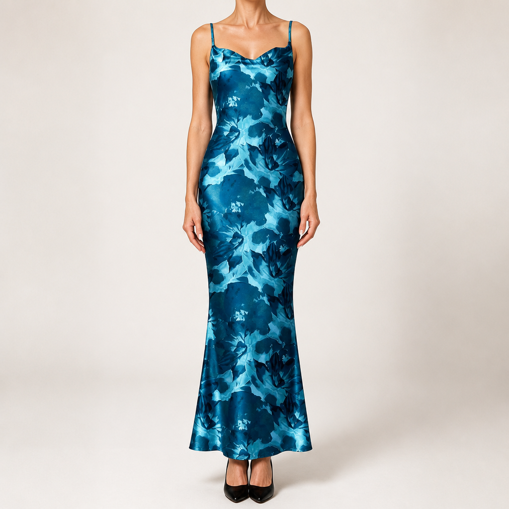 Saskia | Womens Floral Print Strappy Sleeveless Summer Slip Wedding Guest Dresses, Lake Blue