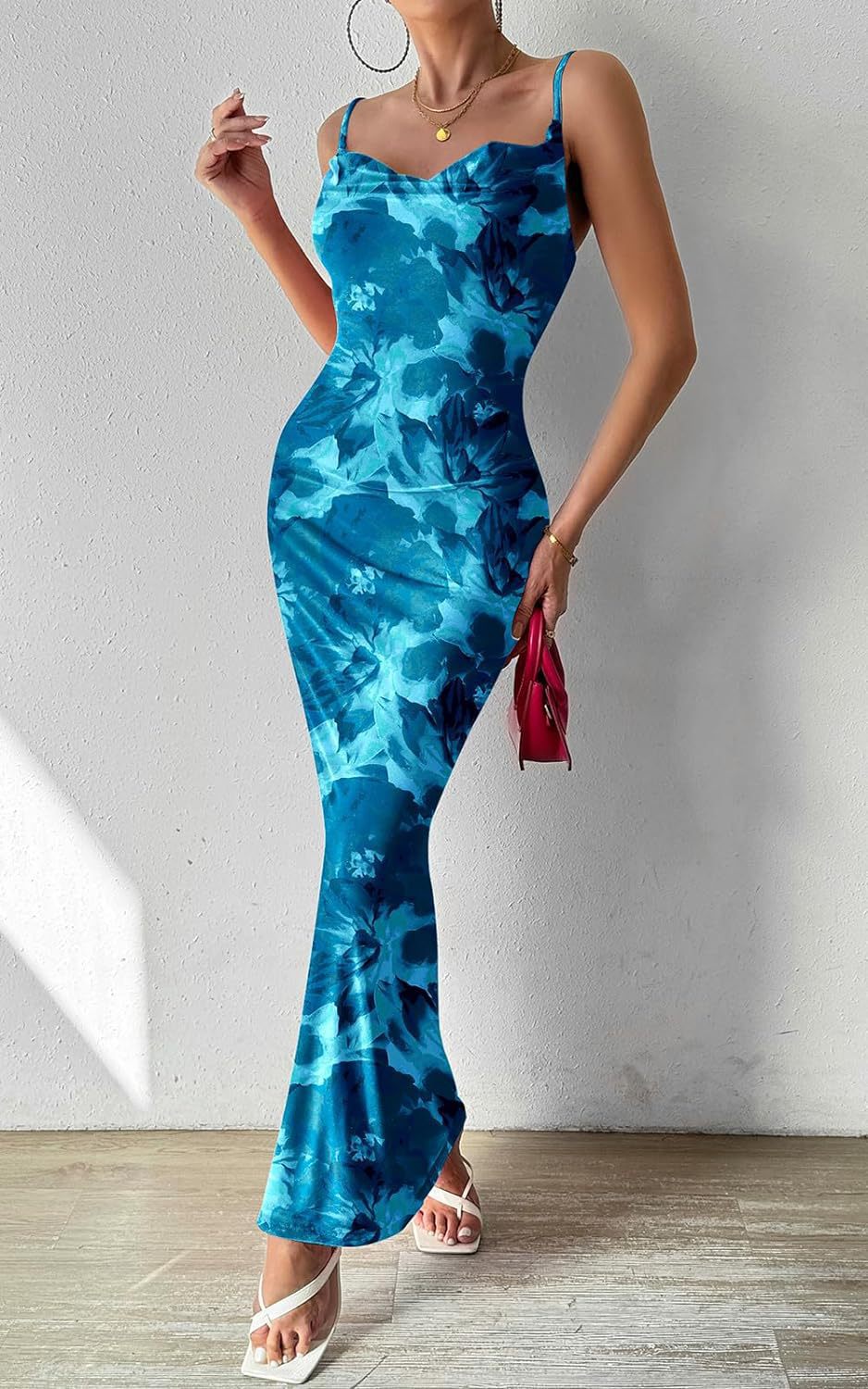 Saskia | Womens Floral Print Strappy Sleeveless Summer Slip Wedding Guest Dresses - Lake Blue