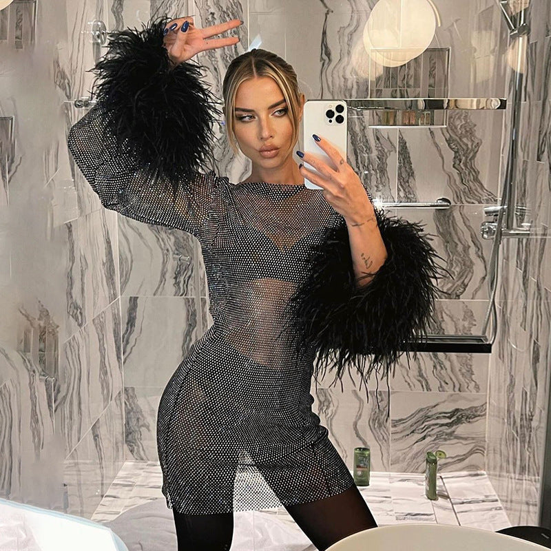 Selene | Womens Sheer Mesh Long Sleeve Bodycon Party Wedding Guest Dresses - 2
