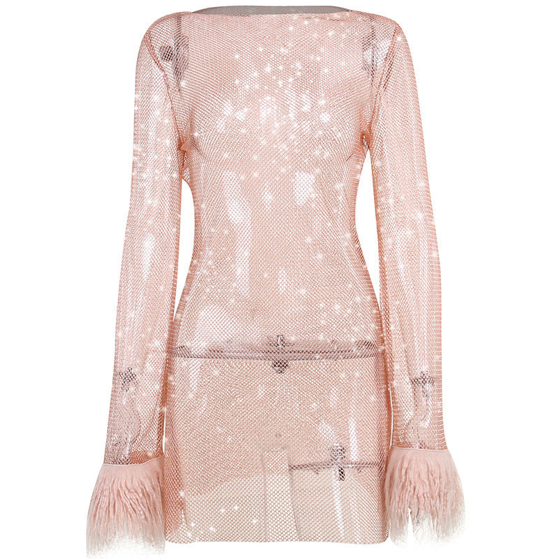 Selene | Womens Sheer Mesh Long Sleeve Bodycon Party Wedding Guest Dresses - 5