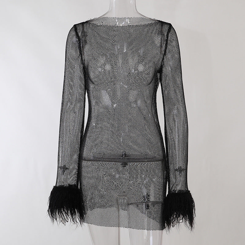 Selene | Womens Sheer Mesh Long Sleeve Bodycon Party Wedding Guest Dresses - 6