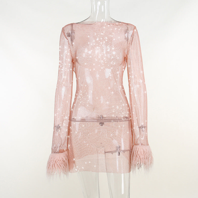 Selene | Womens Sheer Mesh Long Sleeve Bodycon Party Wedding Guest Dresses - 7
