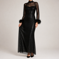 Selene | Womens Wedding Guest Party Mesh Long Sleeve Bodycon Dresses, Black
