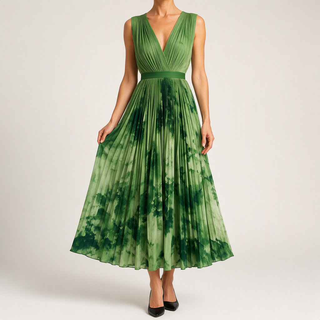 Seraphina | Womens Wedding Guest Maxi Summer Dresses Sleeveless Pleated Printed Dress, Green