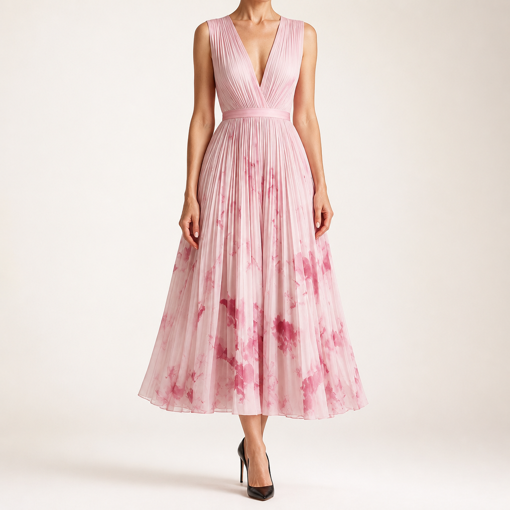 Seraphina | Womens Wedding Guest Maxi Summer Dresses Sleeveless Pleated Printed Dress, Pink