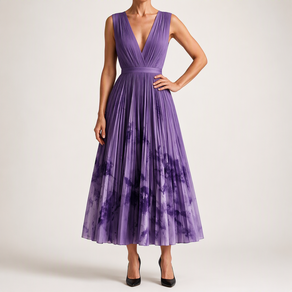 Seraphina | Womens Wedding Guest Maxi Summer Dresses Sleeveless Pleated Printed Dress, Purple