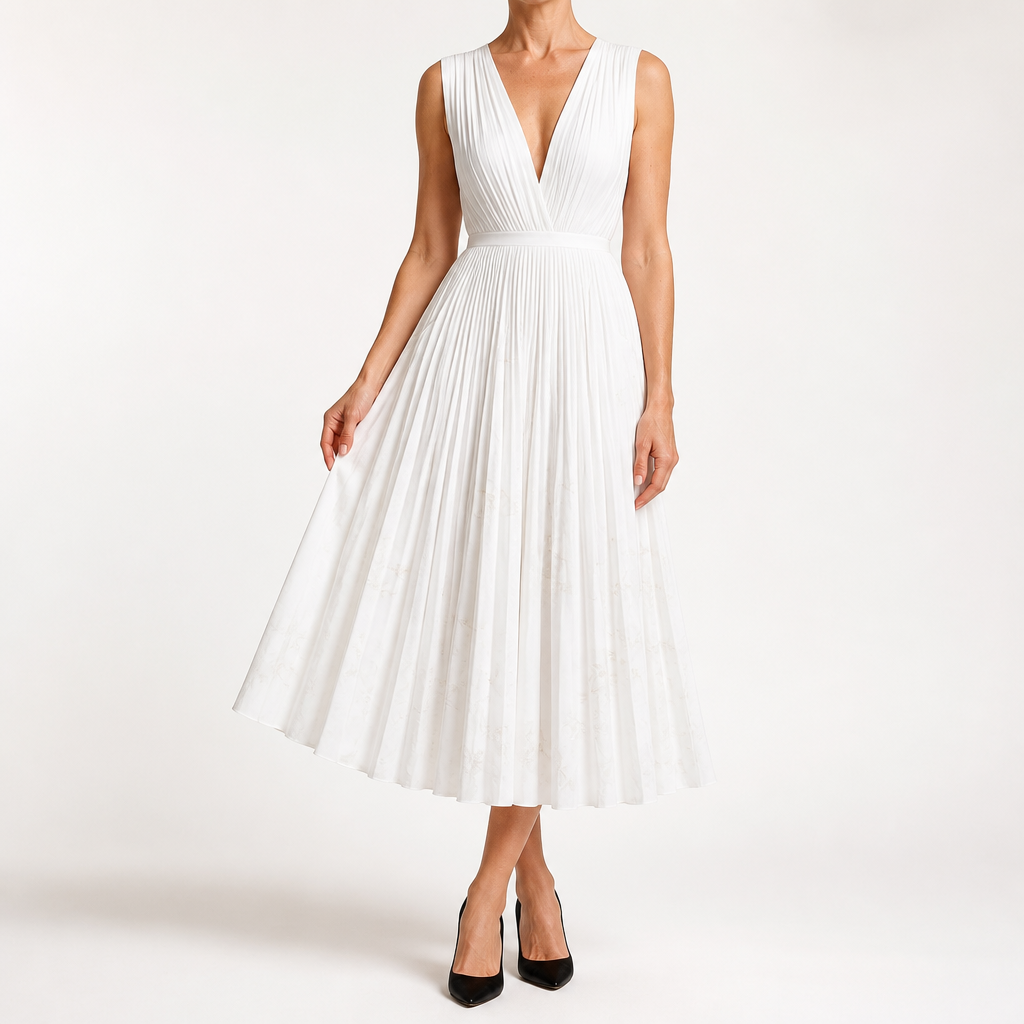 Seraphina | Womens Wedding Guest Maxi Summer Dresses Sleeveless Pleated Printed Dress, White