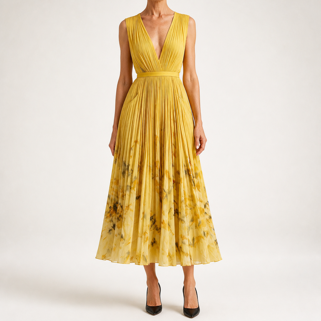Seraphina | Womens Wedding Guest Maxi Summer Dresses Sleeveless Pleated Printed Dress, Yellow