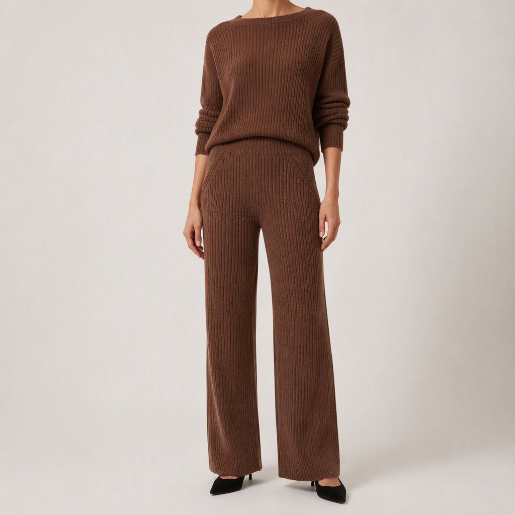 Seraphine | Womens Knit Jumper Vest Wide Leg Trousers Clothing Set, Brown