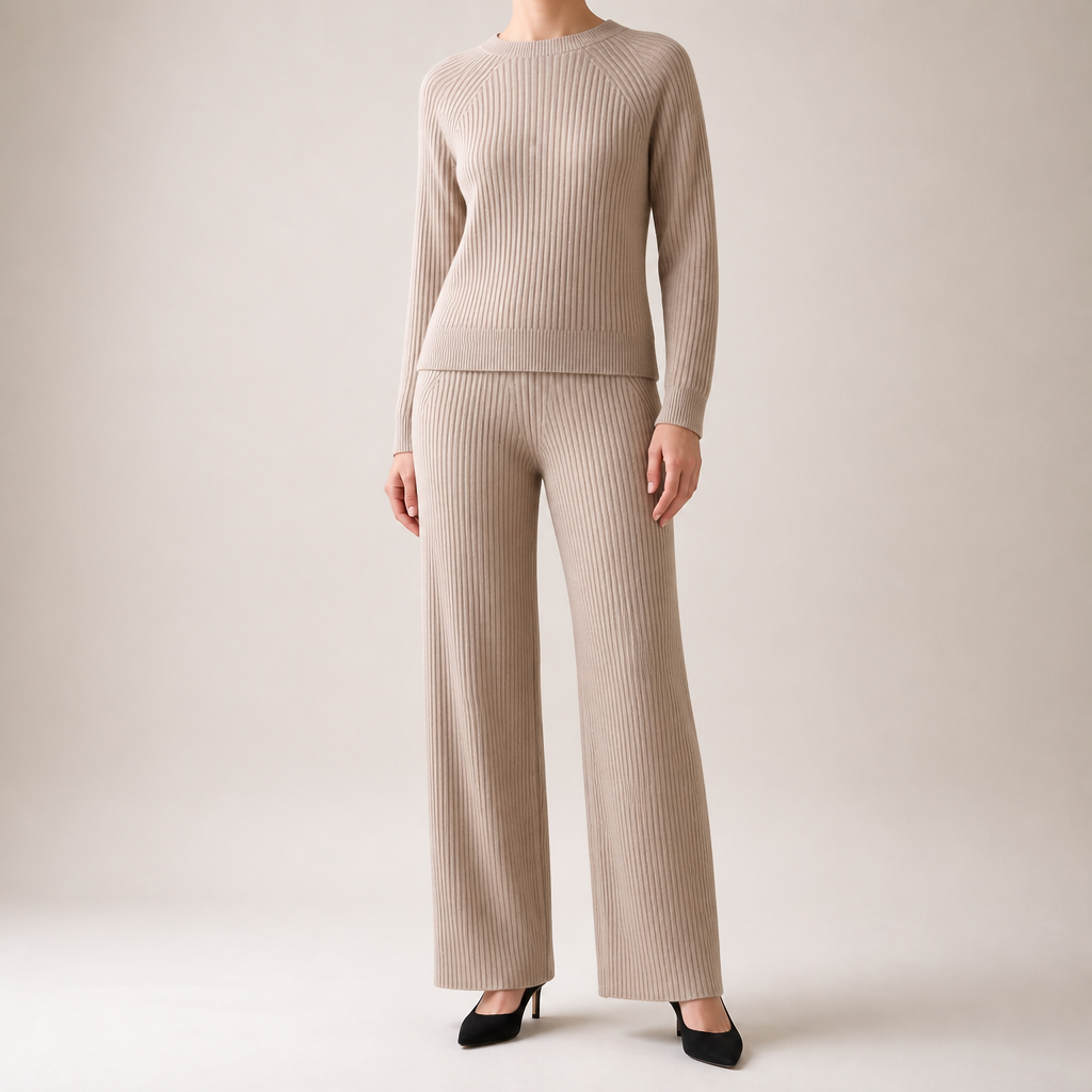 Seraphine | Womens Knit Jumper Vest Wide Leg Trousers Clothing Set, Khaki 2