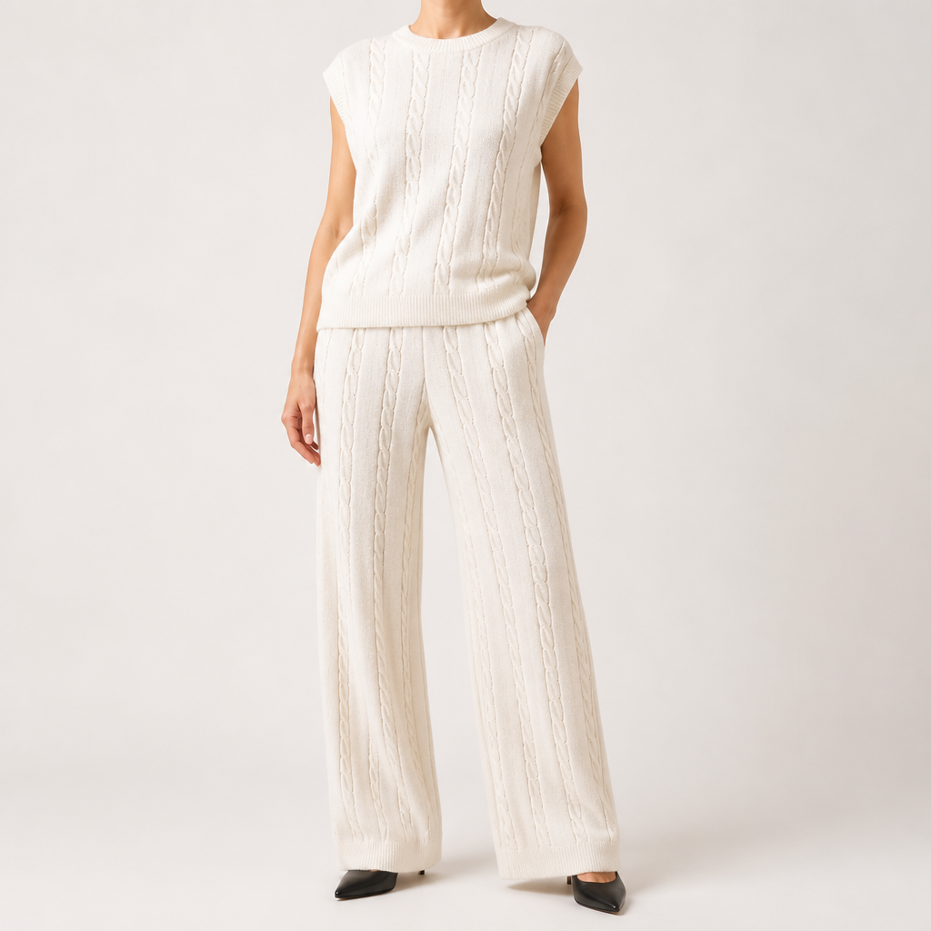 Seraphine | Womens Knit Jumper Vest Wide Leg Trousers Clothing Set, White