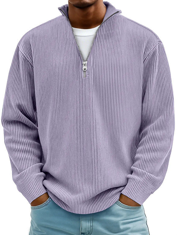 Silas | Mens Corduroy Stand Collar Zip Polo Long Sleeve Top - 4