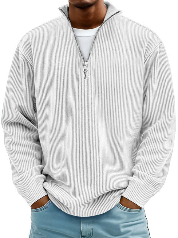 Silas | Mens Corduroy Stand Collar Zip Polo Long Sleeve Top - 5