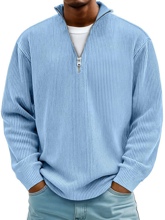Silas | Mens Corduroy Stand Collar Zip Polo Long Sleeve Top - 6