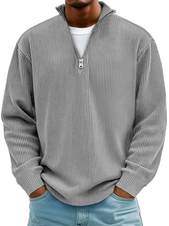 Silas | Mens Corduroy Stand Collar Zip Polo Long Sleeve Top - 7