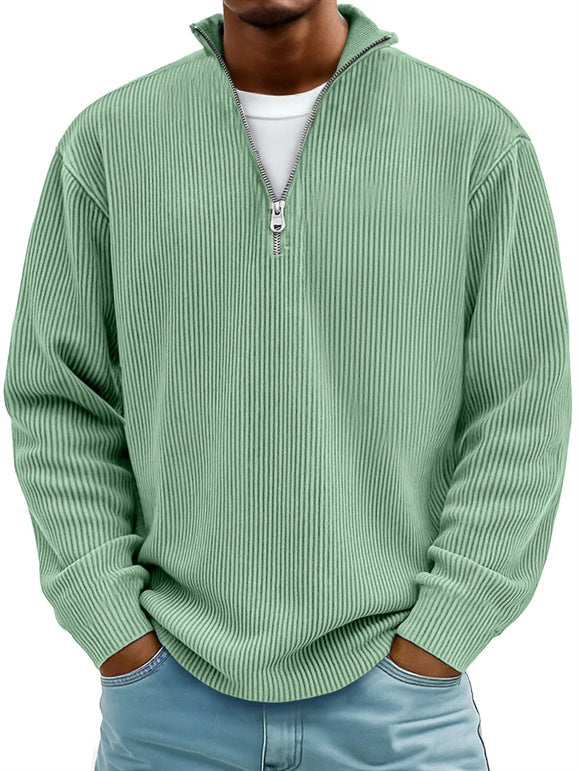 Silas | Mens Corduroy Stand Collar Zip Polo Long Sleeve Top - 8