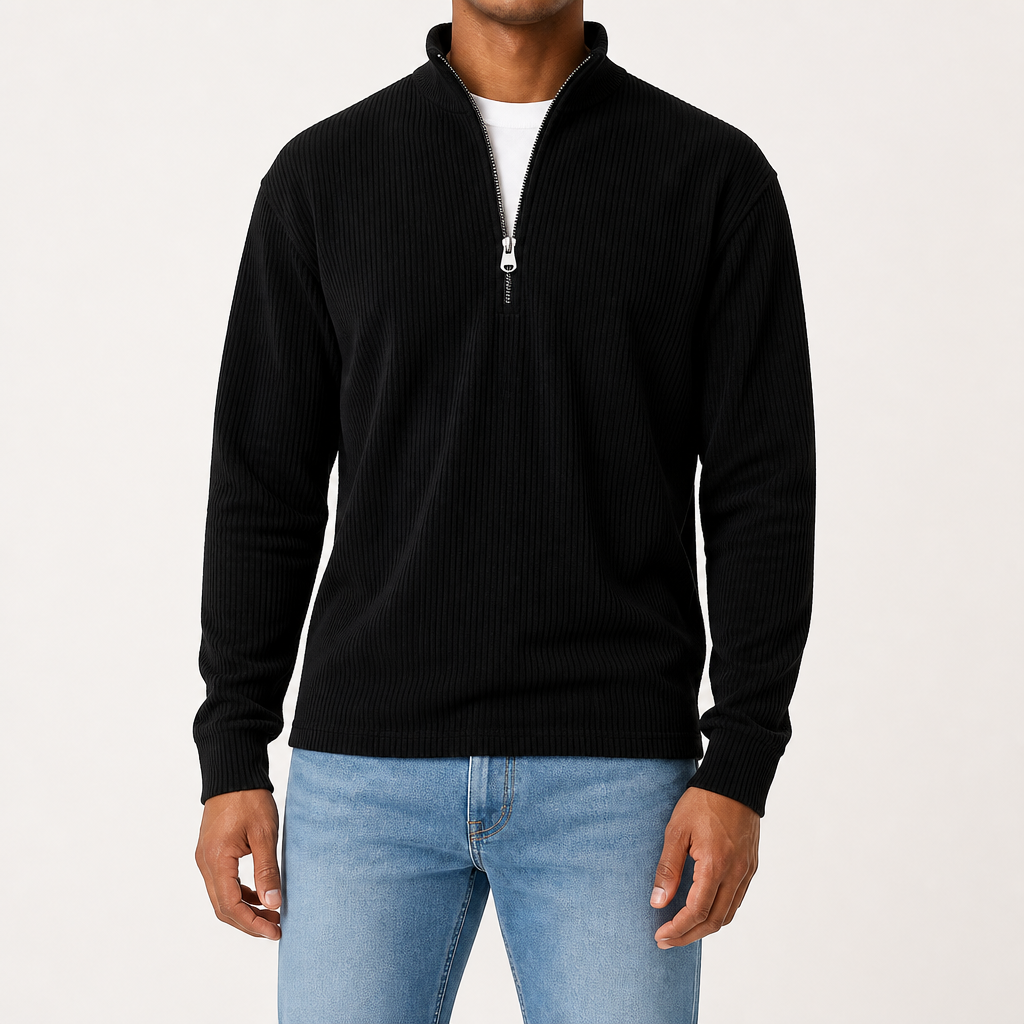 Silas | Mens Corduroy Stand Collar Zip Long Sleeve Polo, Black