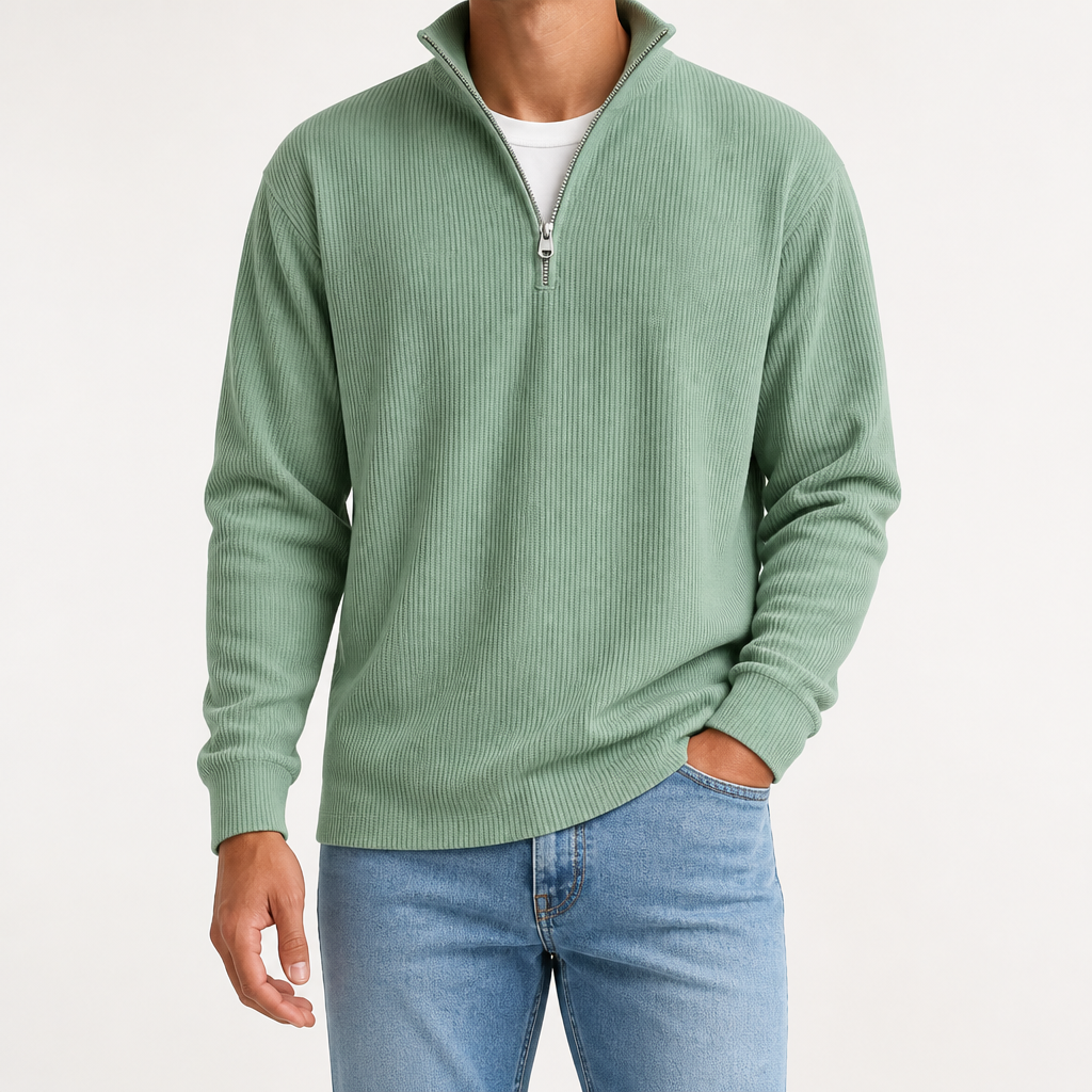 Silas | Mens Corduroy Stand Collar Zip Long Sleeve Polo, Green