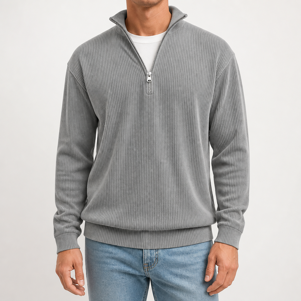 Silas | Mens Corduroy Stand Collar Zip Long Sleeve Polo, Grey