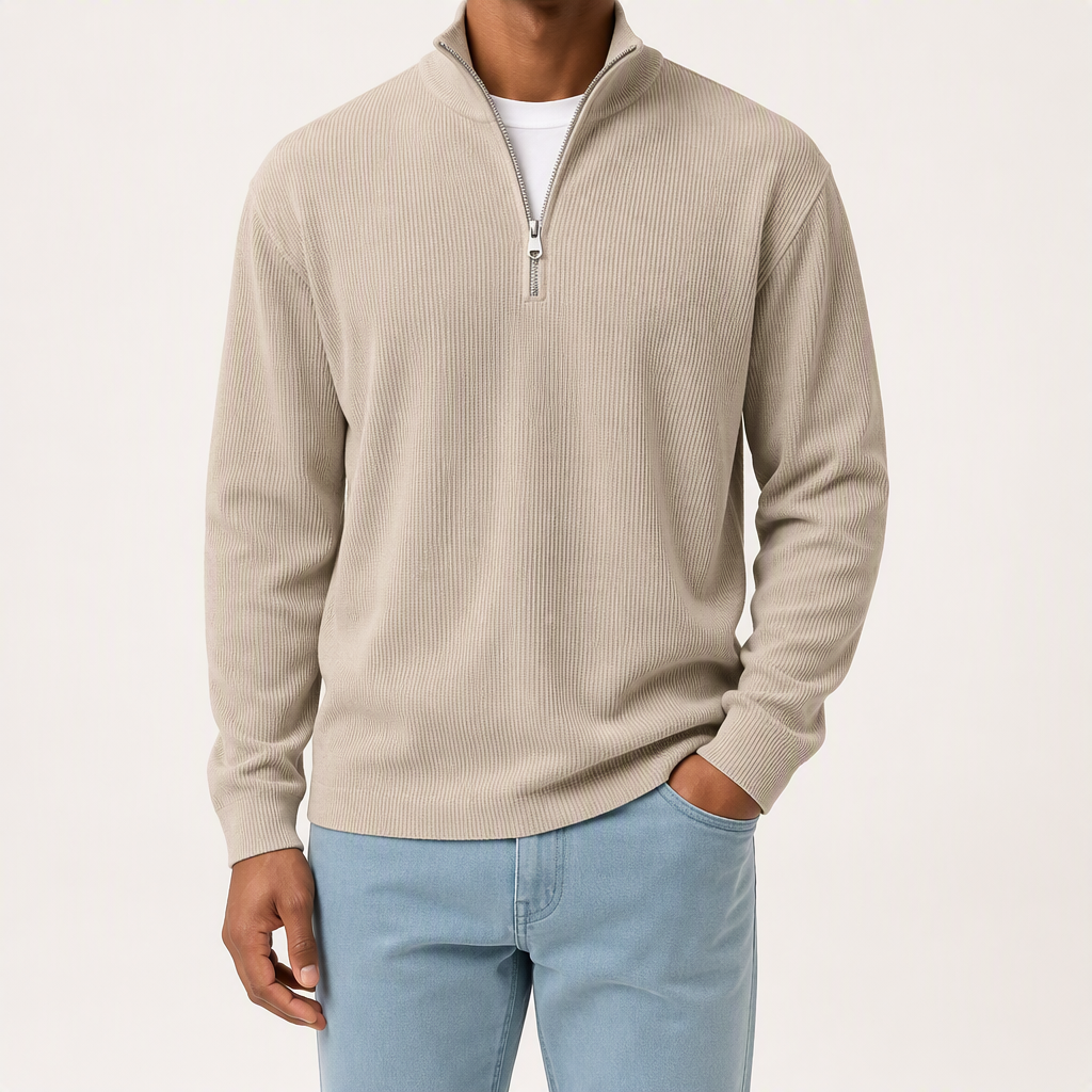 Silas | Mens Corduroy Stand Collar Zip Long Sleeve Polo, Khaki