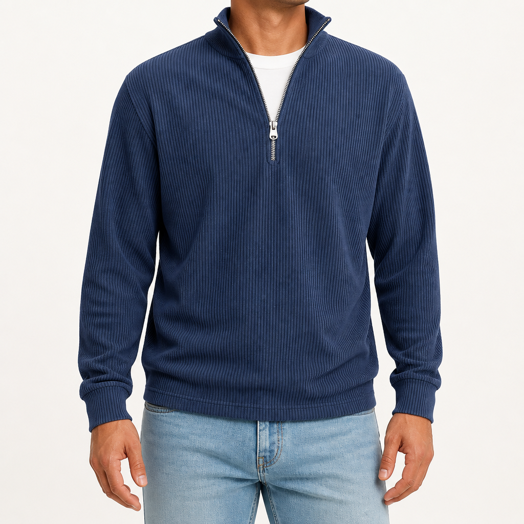 Silas | Mens Corduroy Stand Collar Zip Long Sleeve Polo, Navy Blue