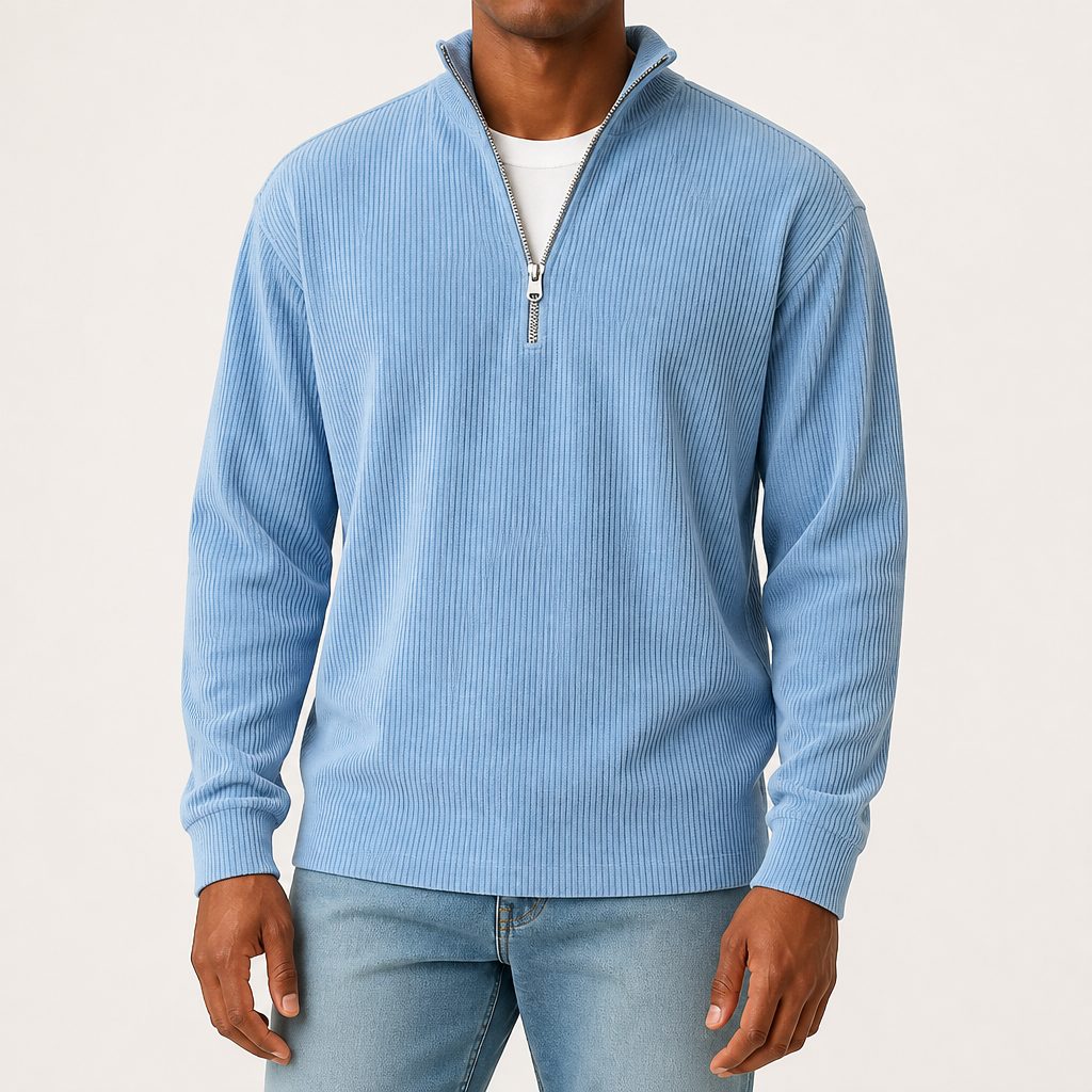 Silas | Mens Corduroy Stand Collar Zip Long Sleeve Polo, Sky Blue