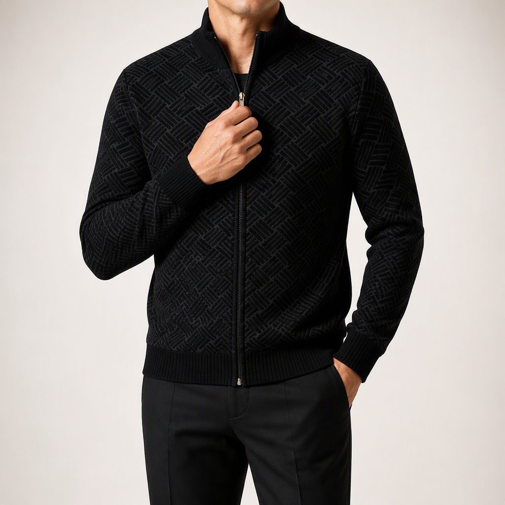 Silas | Mens Knit Cardigan Stand Collar Zip Up Sweater, Black