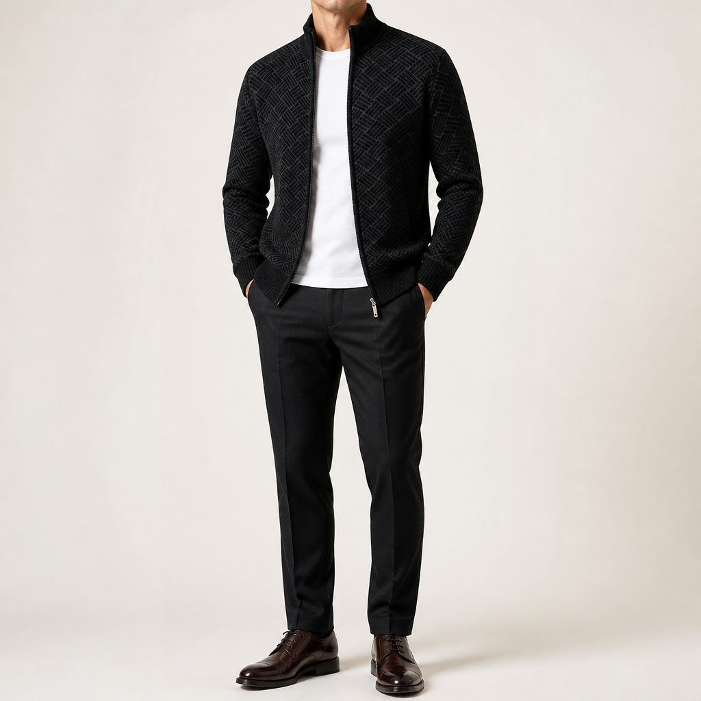 Silas | Mens Knit Cardigan Stand Collar Zip Up Sweater, Black