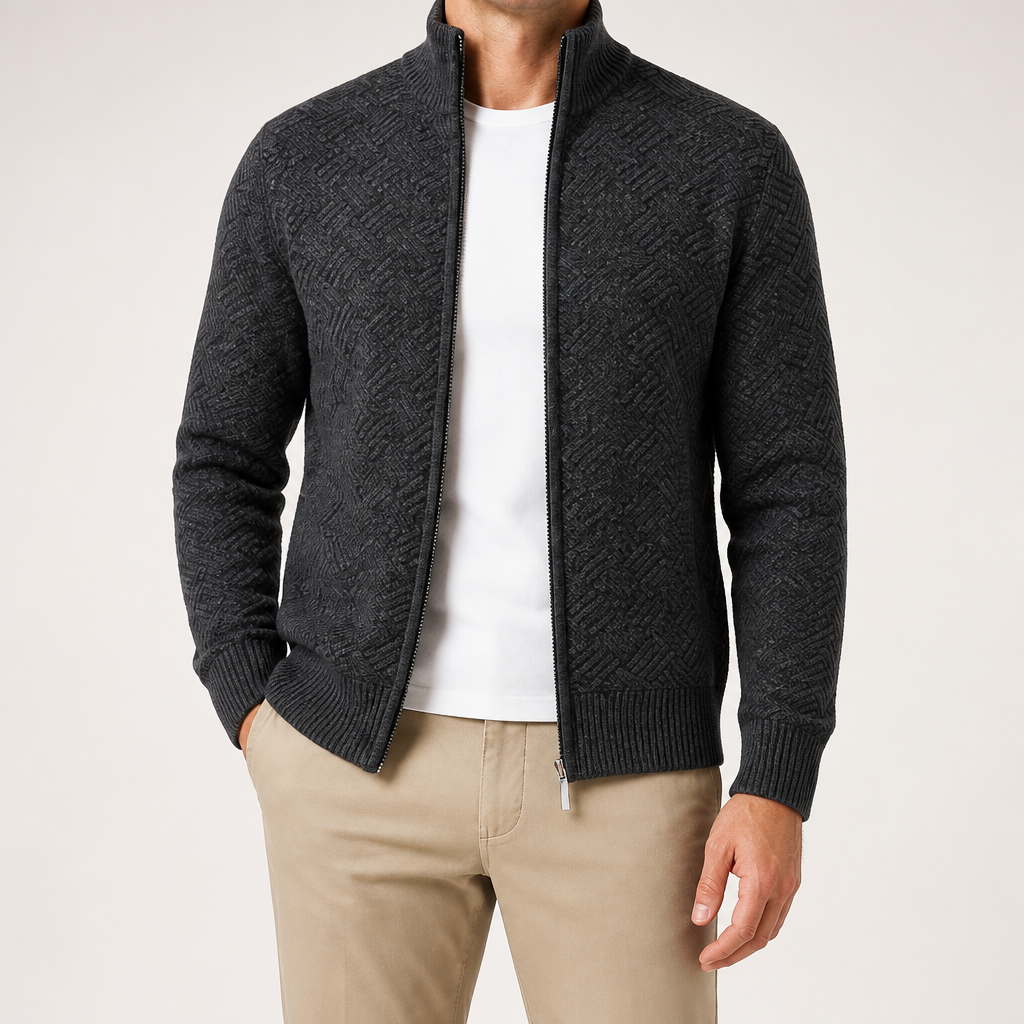 Silas | Mens Knit Cardigan Stand Collar Zip Up Sweater, Dark Grey