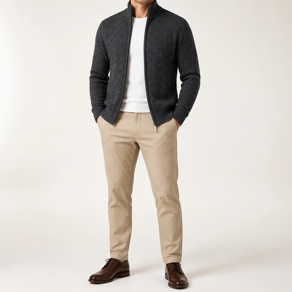 Silas | Mens Knit Cardigan Stand Collar Zip Up Sweater, Dark Grey