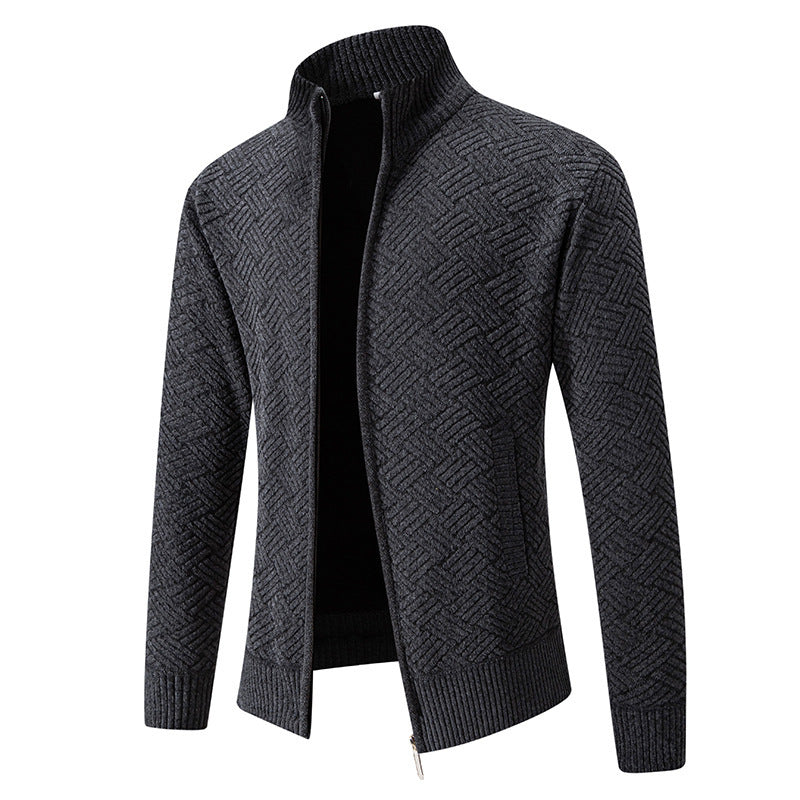Silas | Mens Stand Collar Zip Knit Cardigan - Dark Grey