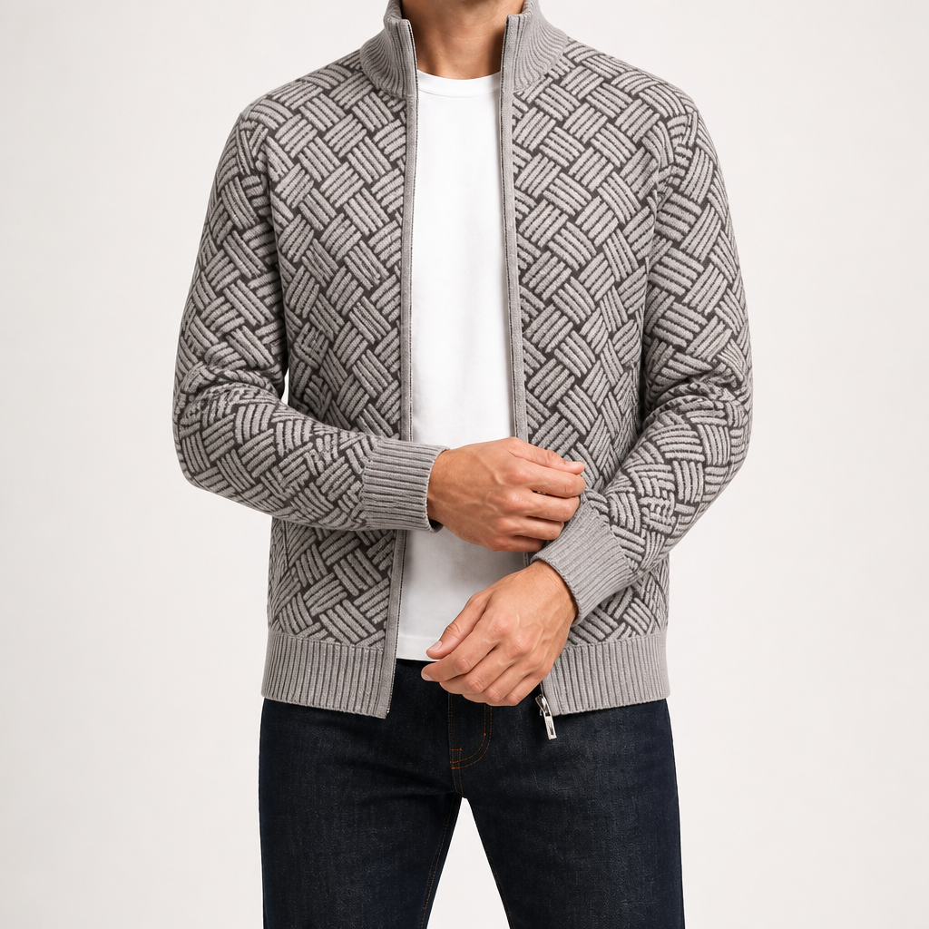 Silas | Mens Knit Cardigan Stand Collar Zip Up Sweater, Light Grey