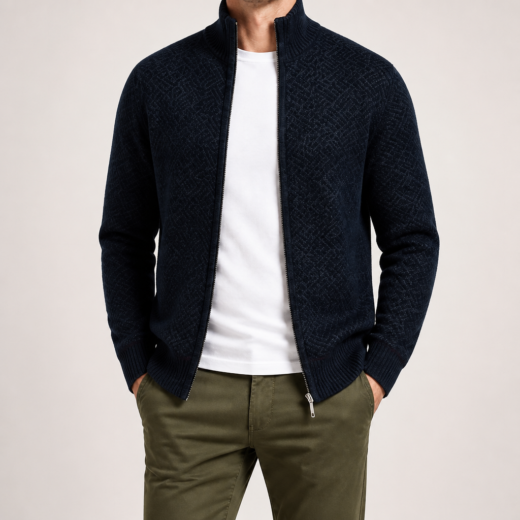 Silas | Mens Knit Cardigan Stand Collar Zip Up Sweater, Navy Blue