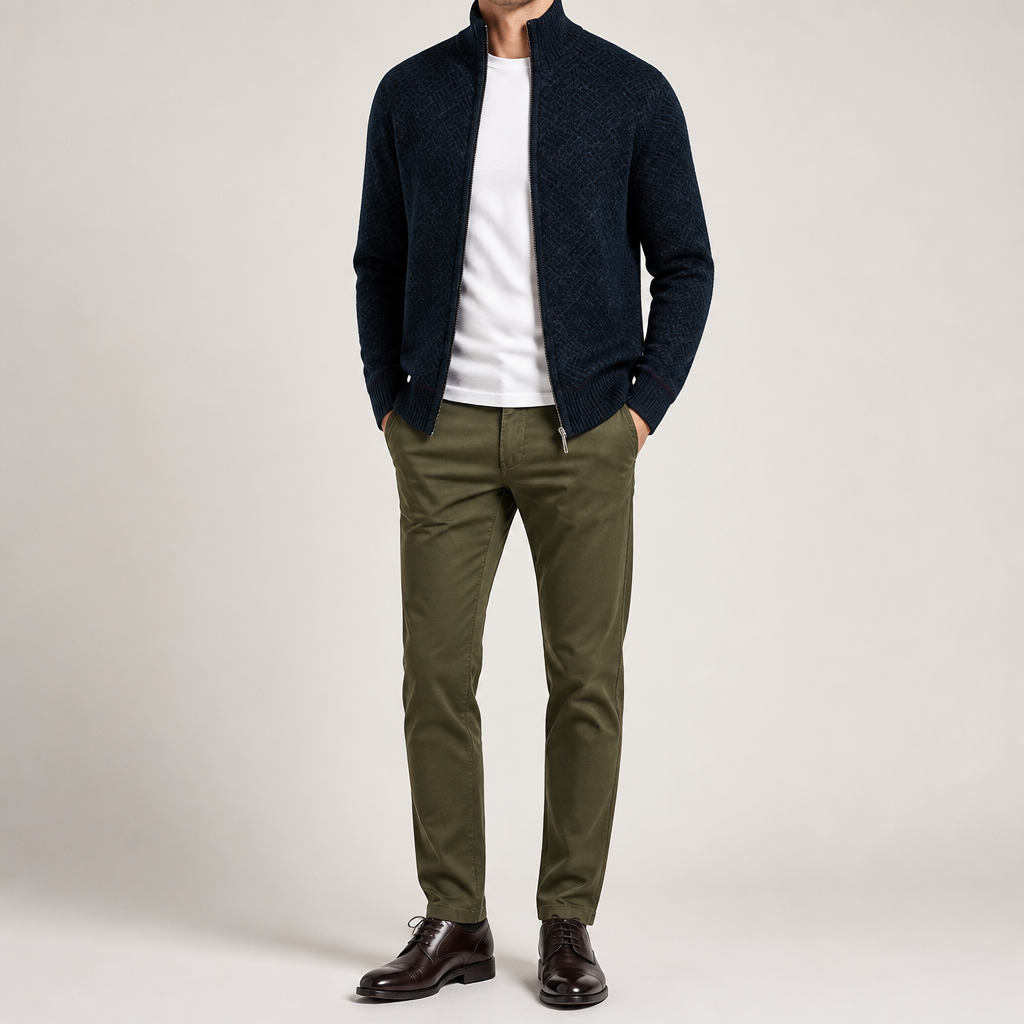 Silas | Mens Knit Cardigan Stand Collar Zip Up Sweater, Navy Blue