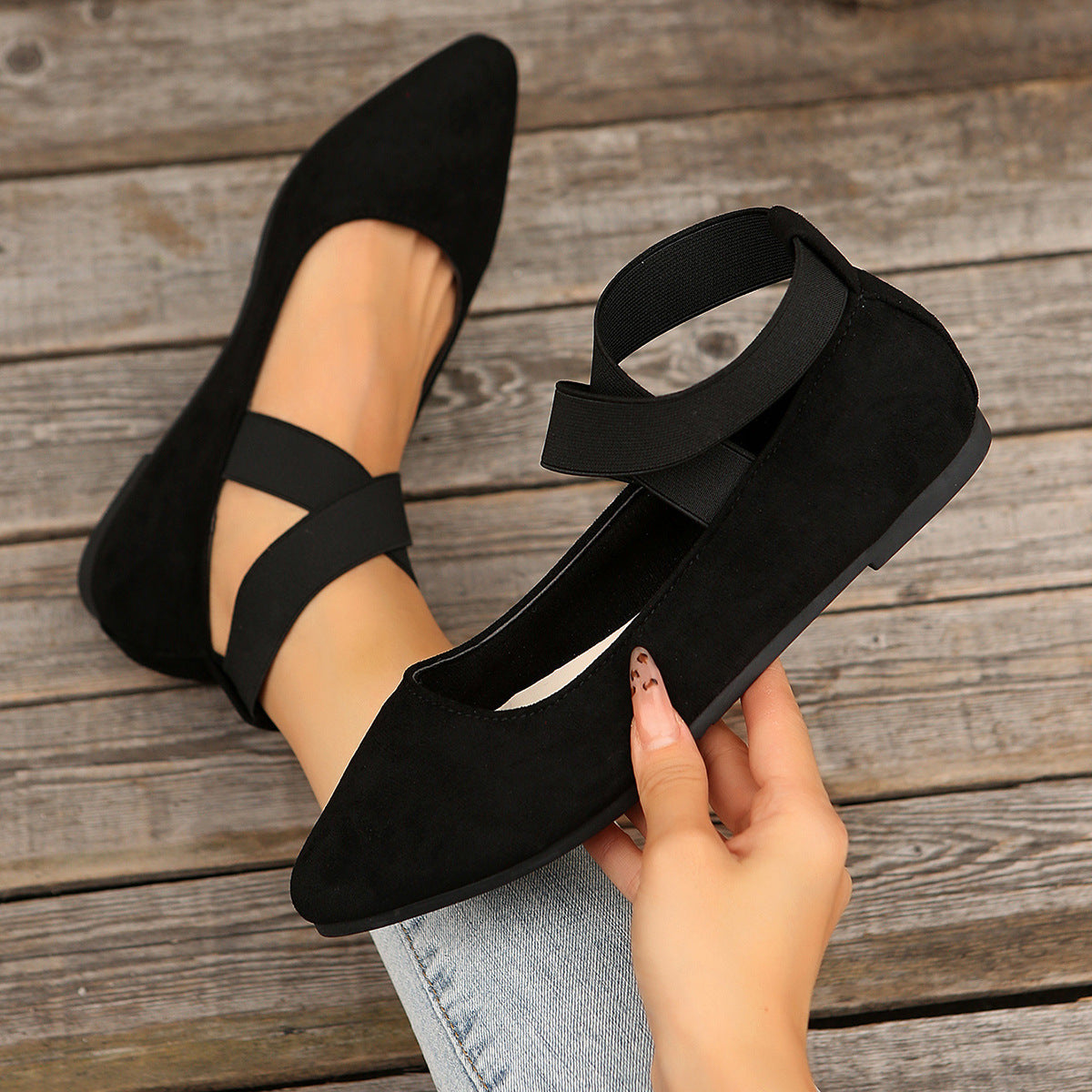 Simone | Womens Round Toe Elastic Ballet Flats Black Off White Brown Shoes - 2