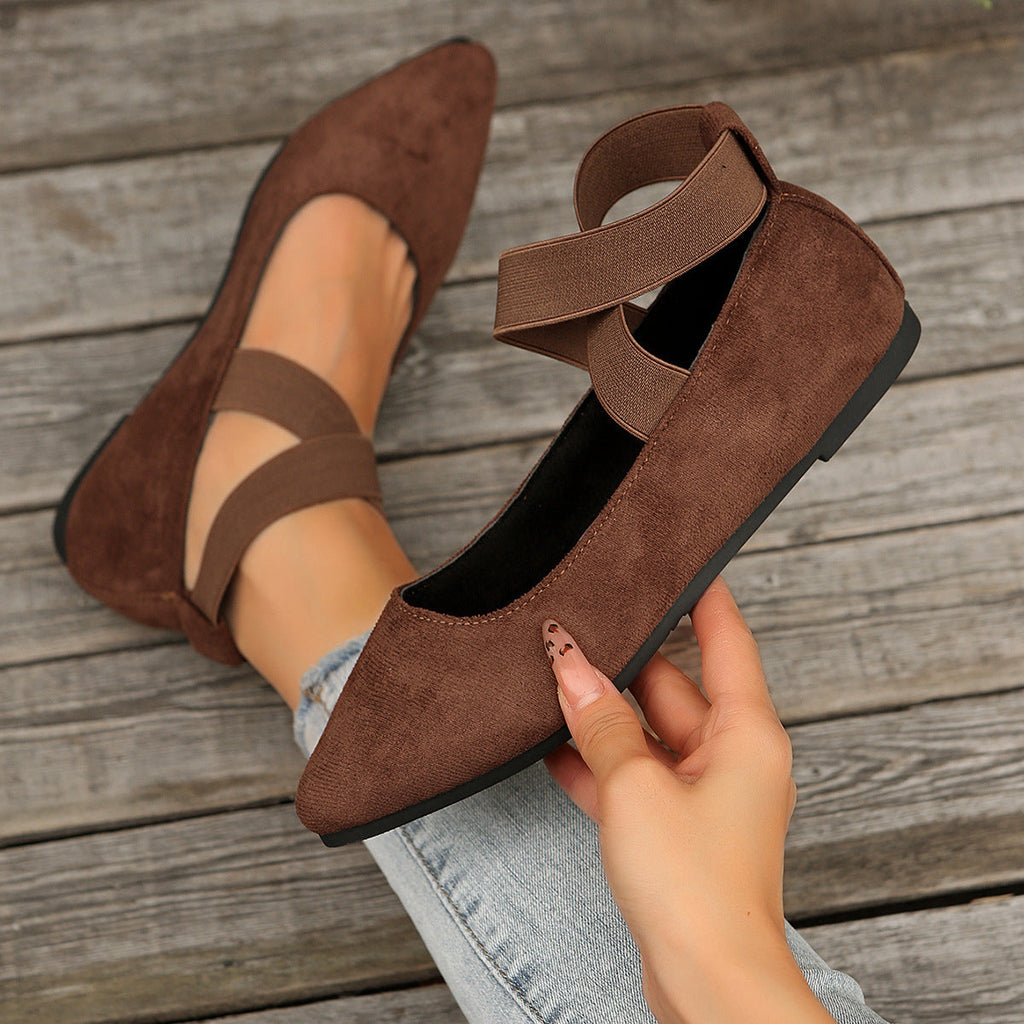 Simone | Womens Round Toe Elastic Ballet Flats Black Off White Brown Shoes - 8