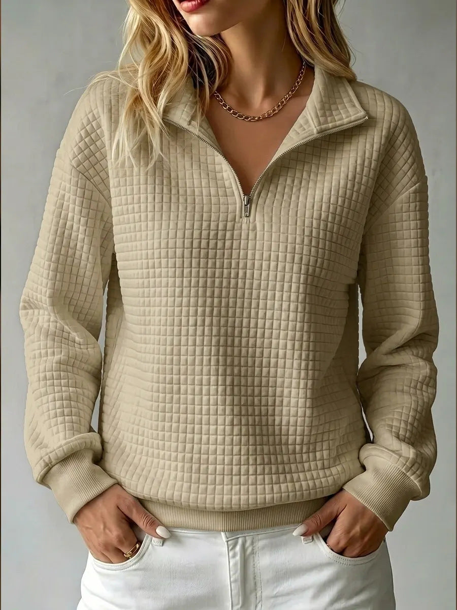 Sloane | Womens Waffle Knit Quarter Zip Sweatshirt Jumper - Camel