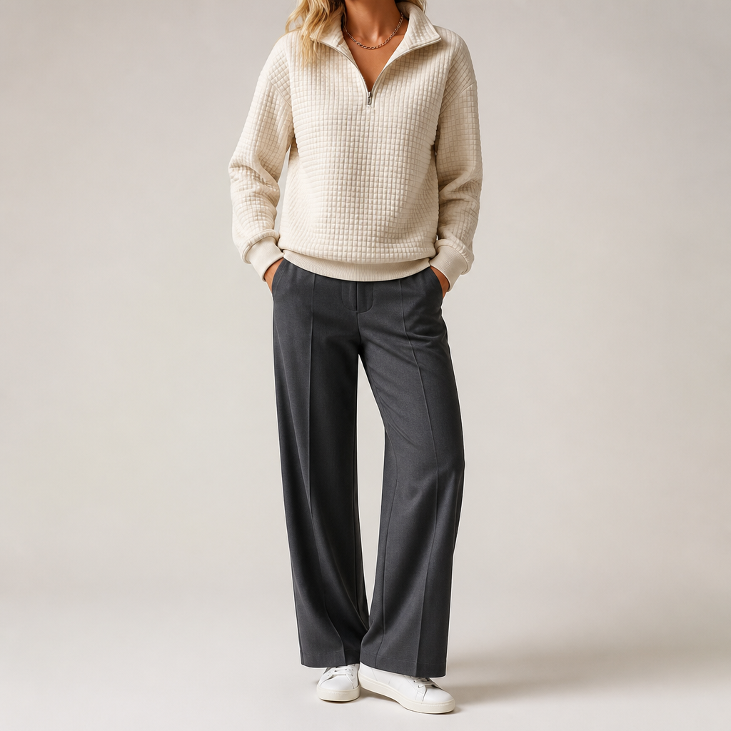 Sloane | Womens Waffle Knit Quarter Zip Sweatshirt Jumper, Khaki